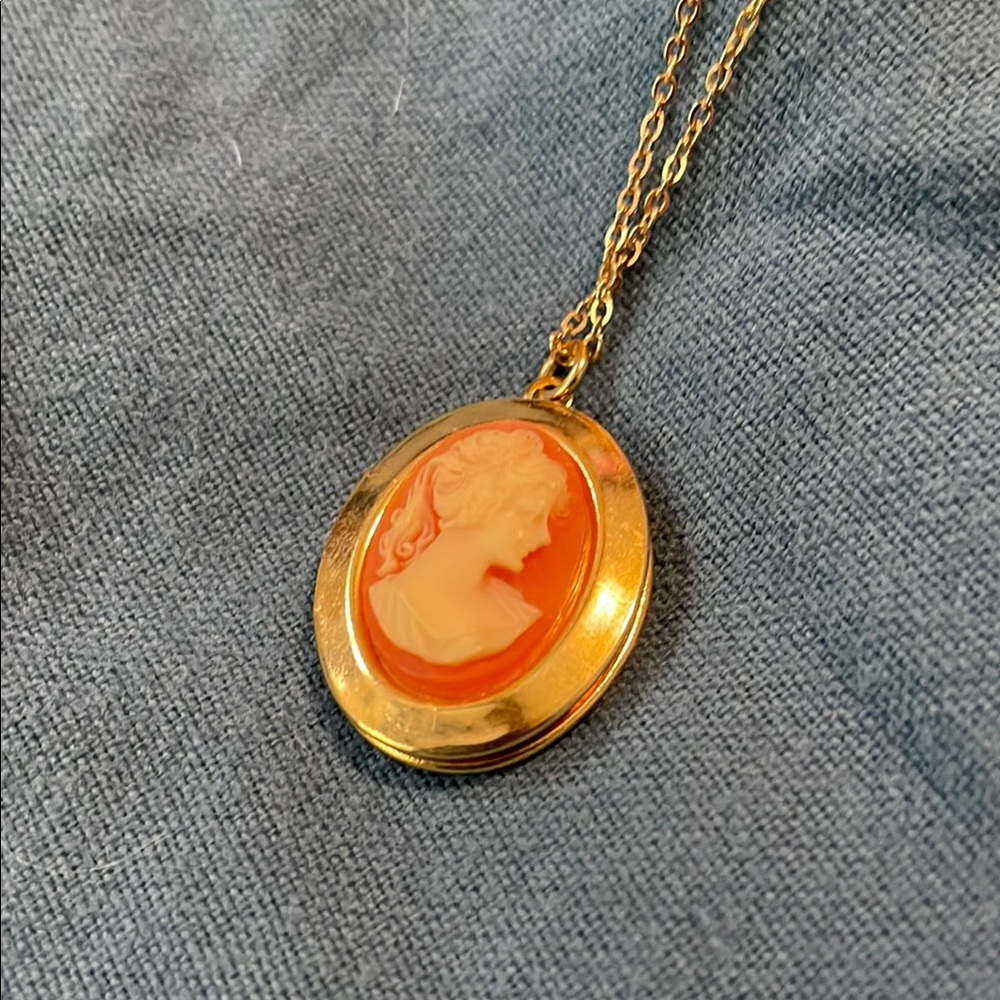 Vintage Gold and Orange Cameo Necklace